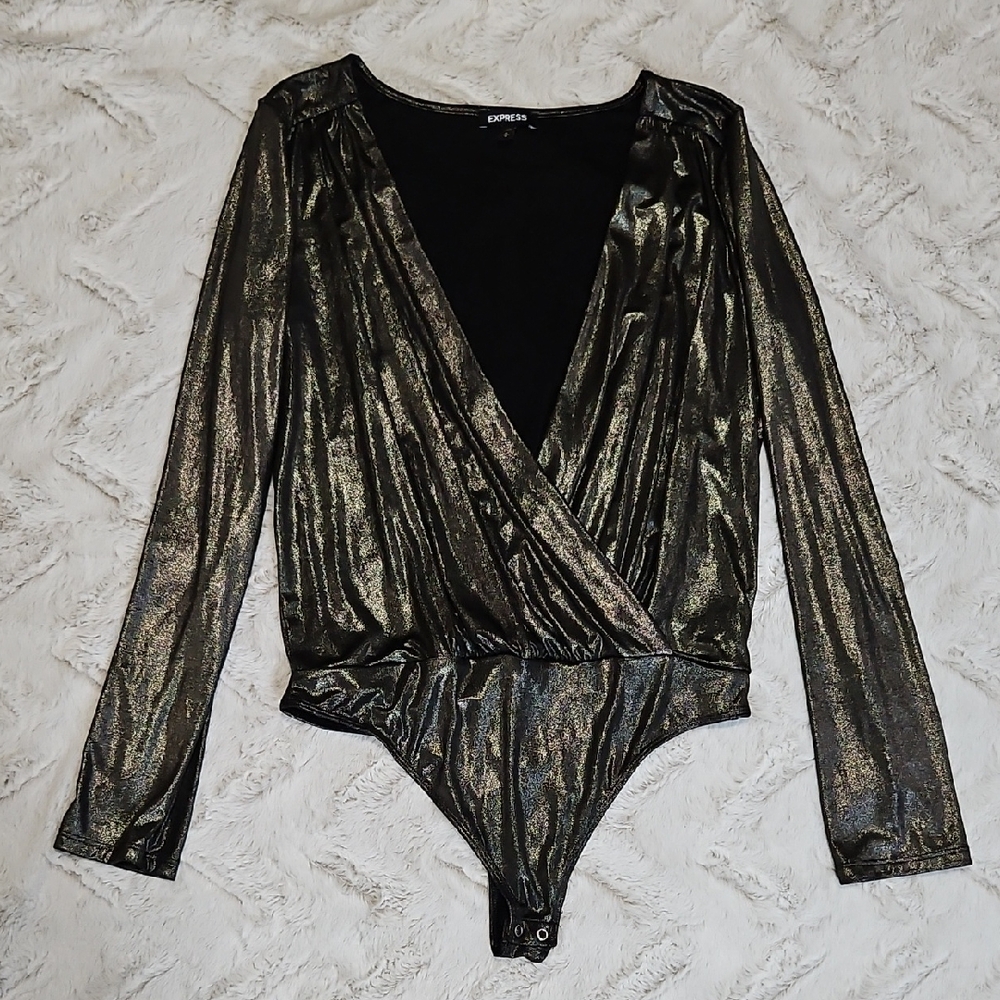 Express Shiny Black and Gold Wrap Bodysuit